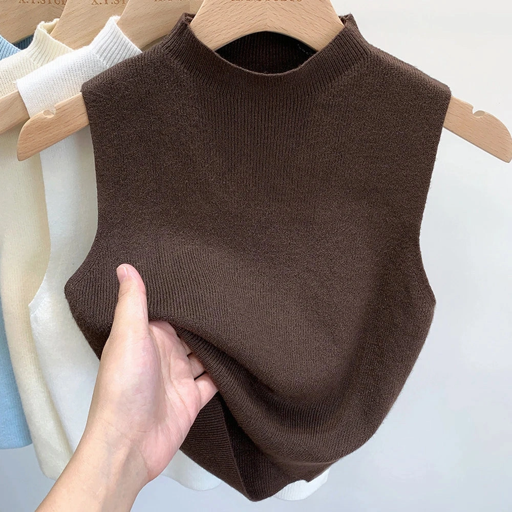 Chic Women's Sleeveless Knitted Cropped Tank Top - Solid Color Half-Turtleneck Camisole for Spring & Autumn Fashion