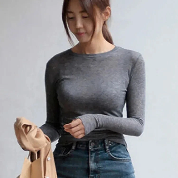 Chic Women's Slim-Fit Long Sleeve T-Shirt - Soft Cotton Blend, Sexy Sheer Design, Perfect for Casual Spring/Summer Wear