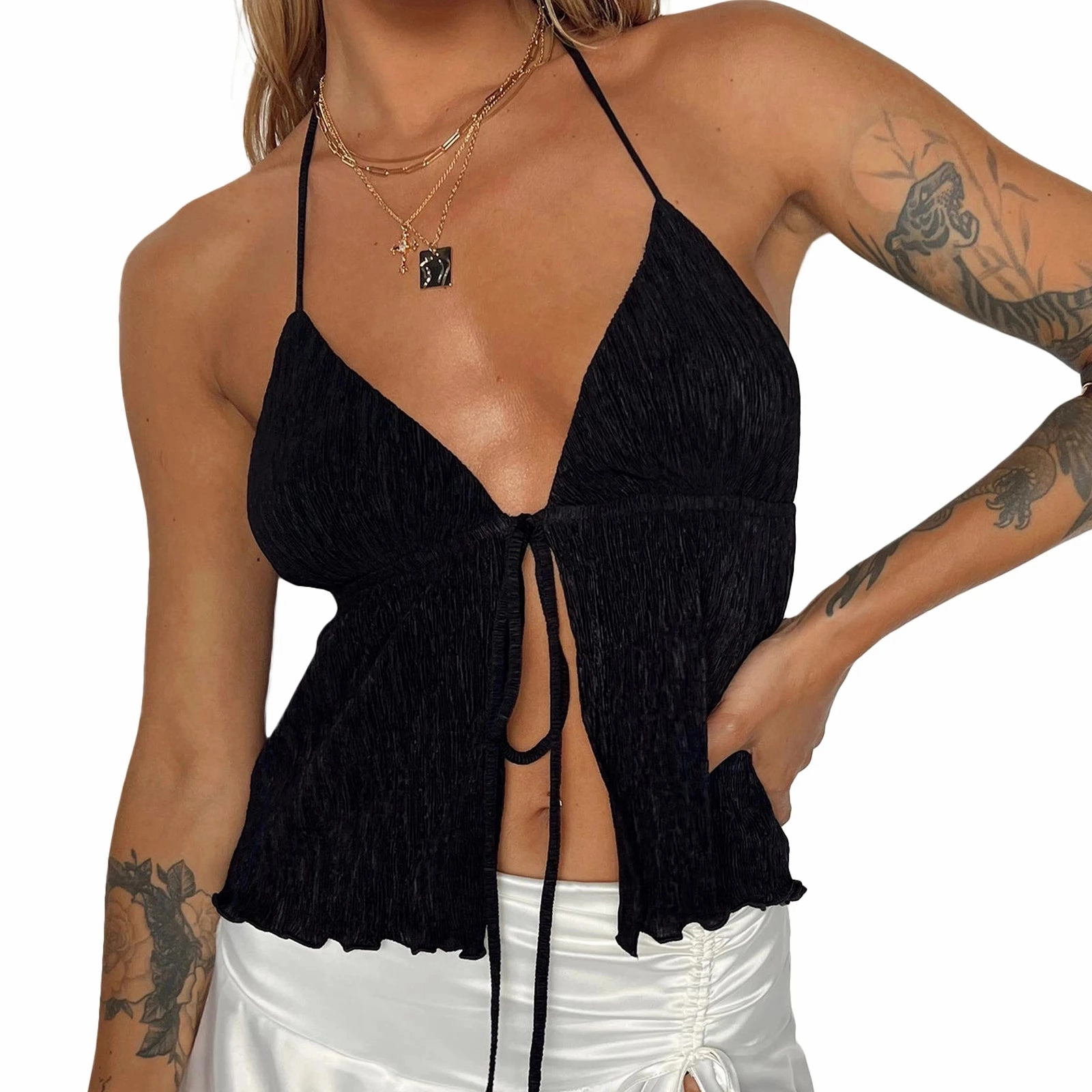 Chic Women??s Summer Backless Crop Top - Y2K Solid Color Sleeveless Tank with Front Bandage Detail for Stylish Streetwear
