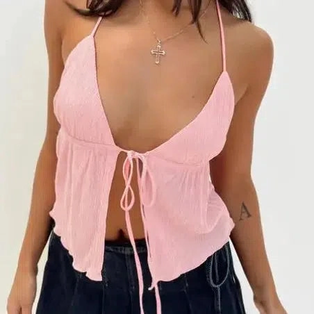 Chic Women??s Summer Backless Crop Top - Y2K Solid Color Sleeveless Tank with Front Bandage Detail for Stylish Streetwear