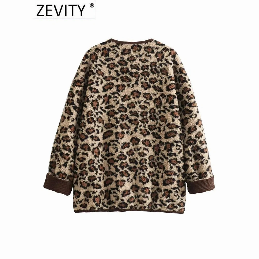 Chic Women's Vintage Leopard Print Faux Fur Jacket with Double Pockets - Stylish O-Neck Outerwear for Autumn/Winter