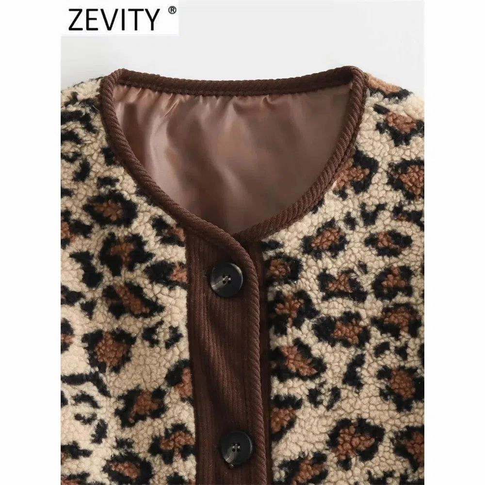 Chic Women's Vintage Leopard Print Faux Fur Jacket with Double Pockets - Stylish O-Neck Outerwear for Autumn/Winter