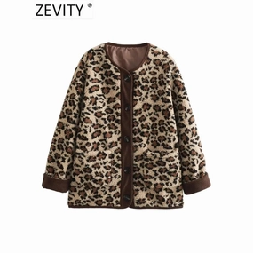 Chic Women's Vintage Leopard Print Faux Fur Jacket with Double Pockets - Stylish O-Neck Outerwear for Autumn/Winter