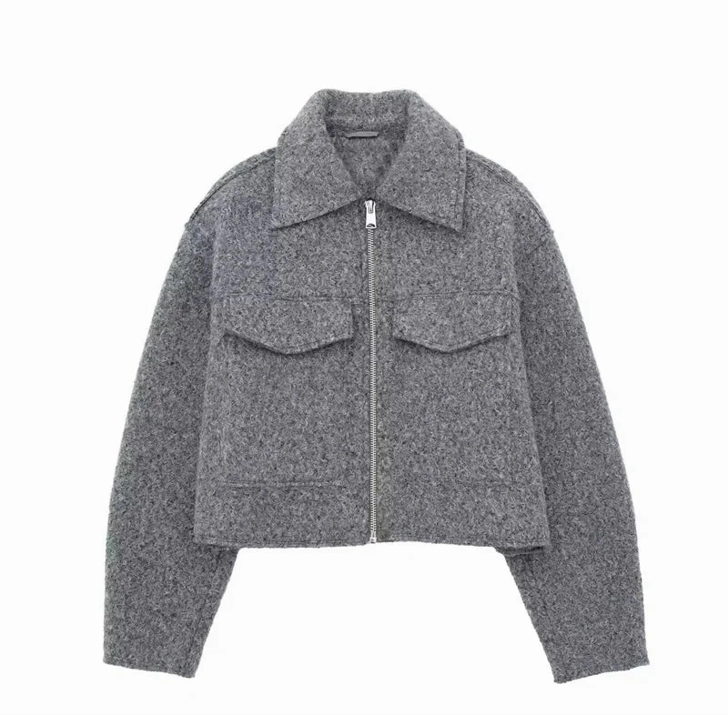 Chic Women's Woolen Zip Cropped Jacket for Autumn & Winter - Stylish Tweed Coat with Turn-Down Collar & Full Sleeves
