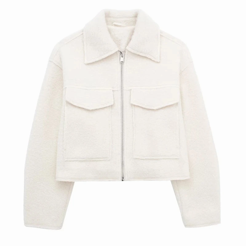 Chic Women's Woolen Zip Cropped Jacket for Autumn & Winter - Stylish Tweed Coat with Turn-Down Collar & Full Sleeves