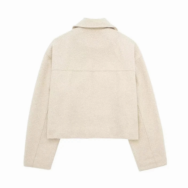 Chic Women's Woolen Zip Cropped Jacket for Autumn & Winter - Stylish Tweed Coat with Turn-Down Collar & Full Sleeves