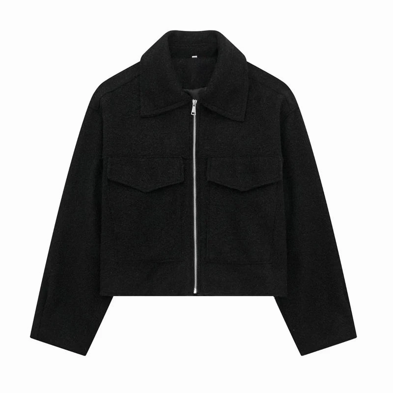 Chic Women's Woolen Zip Cropped Jacket for Autumn & Winter - Stylish Tweed Coat with Turn-Down Collar & Full Sleeves