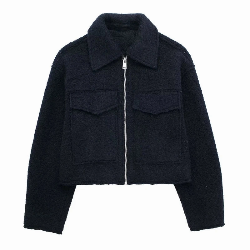 Chic Women's Woolen Zip Cropped Jacket for Autumn & Winter - Stylish Tweed Coat with Turn-Down Collar & Full Sleeves