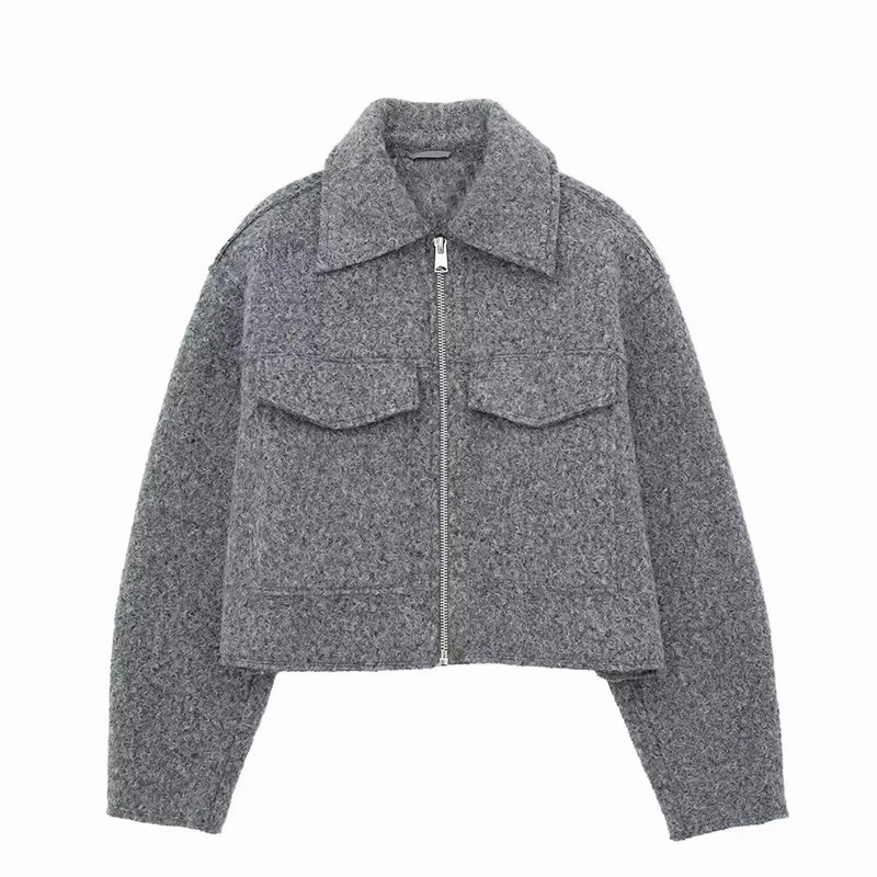 Chic Women's Woolen Zip Cropped Jacket for Autumn & Winter - Stylish Tweed Coat with Turn-Down Collar & Full Sleeves
