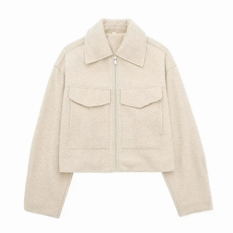 Chic Women's Woolen Zip Cropped Jacket for Autumn & Winter - Stylish Tweed Coat with Turn-Down Collar & Full Sleeves