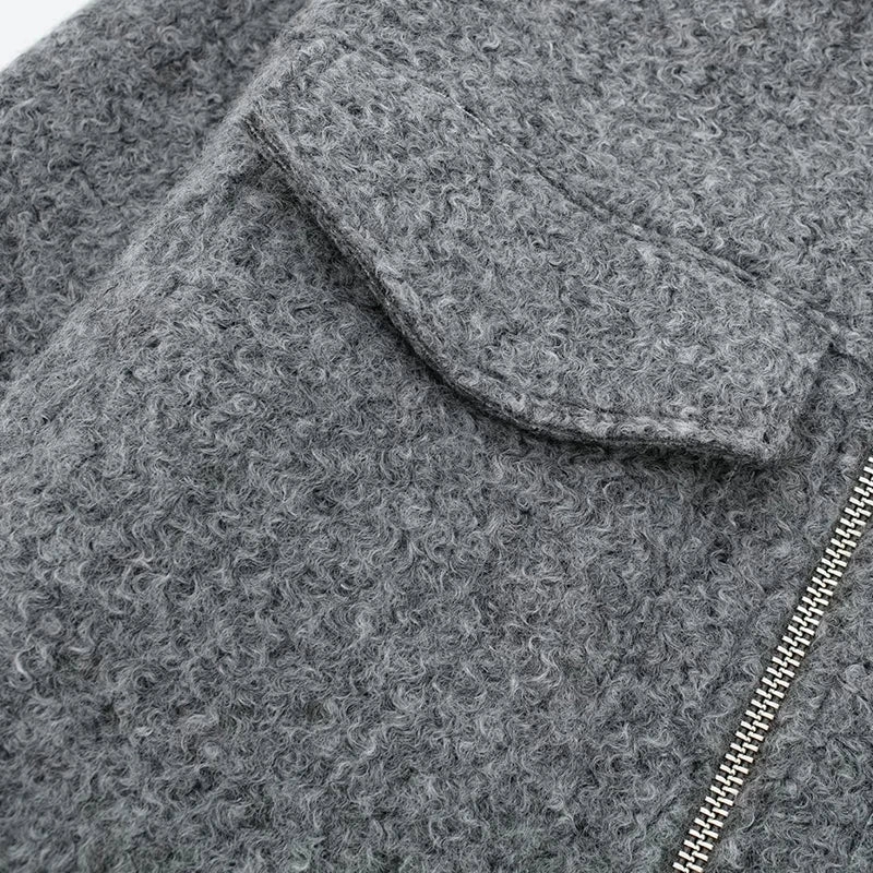 Chic Women's Woolen Zip Cropped Jacket for Autumn & Winter - Stylish Tweed Coat with Turn-Down Collar & Full Sleeves