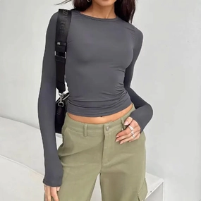 Chic Women's Y2K Solid Long Sleeve Crop Top - Versatile Layered Tee for All Seasons