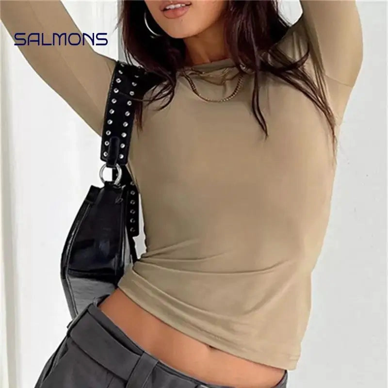 Chic Y2K Long Sleeve Crop Top for Women ?C Slim Fit Casual Solid Tee for Effortless Street Style in All Seasons