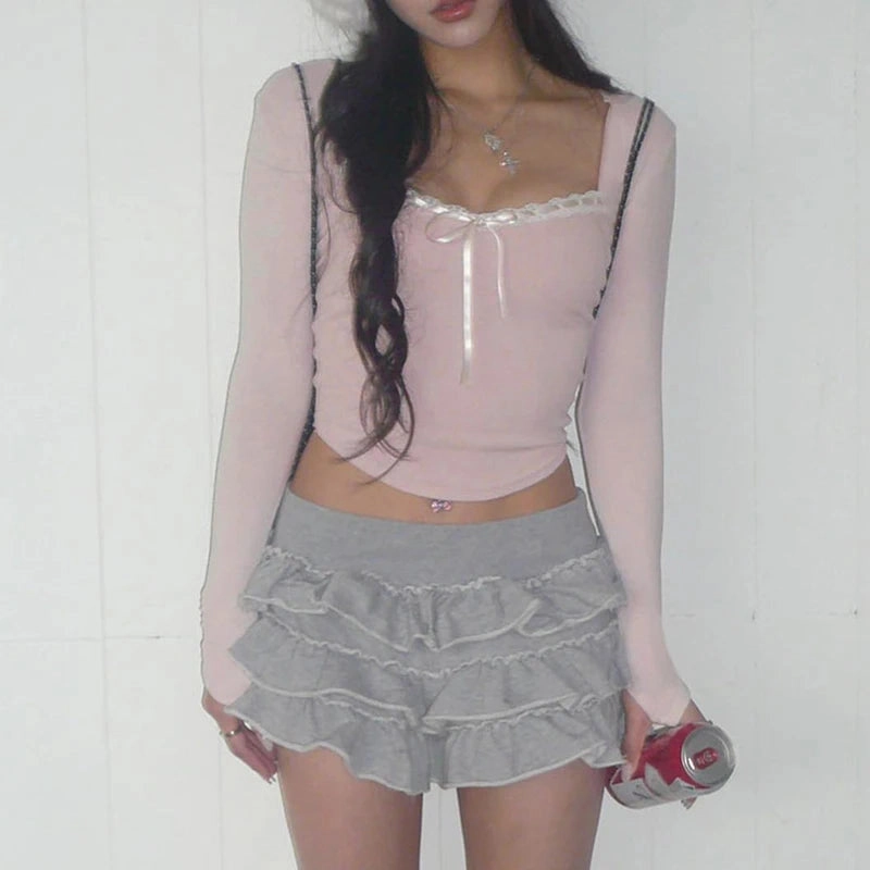 CIBBAR Cute Bandage Bow Cropped Top Pink Square Collar Tees