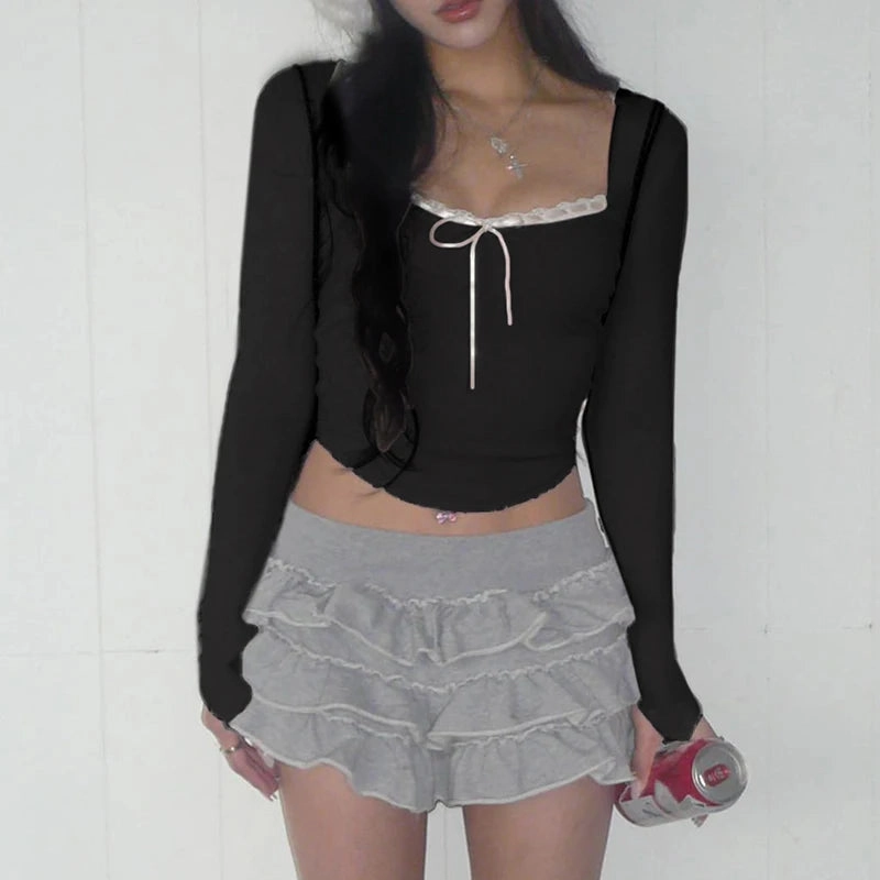CIBBAR Cute Bandage Bow Cropped Top Pink Square Collar Tees