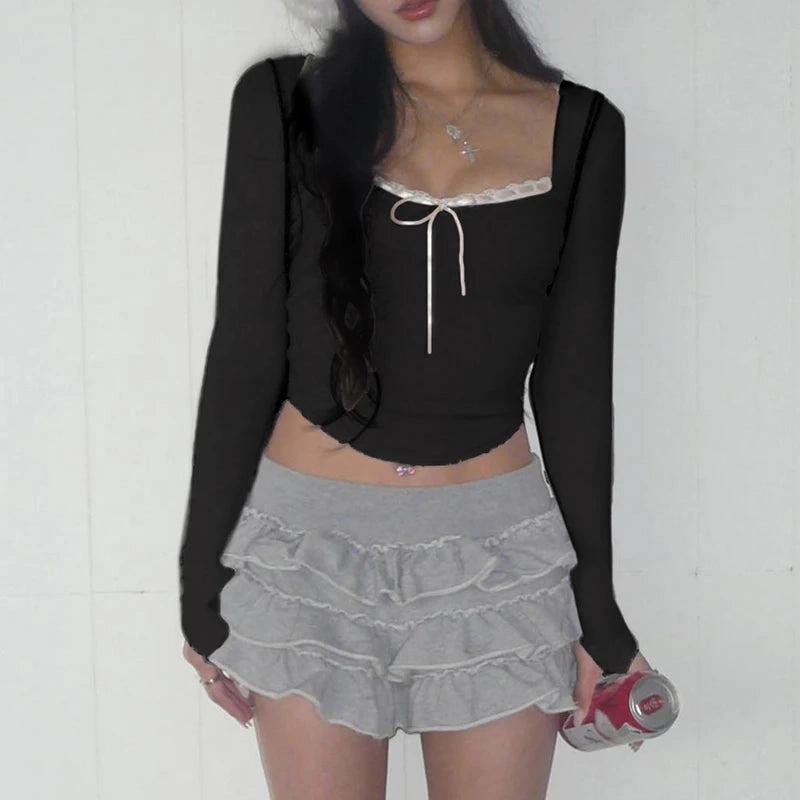 CIBBAR Cute Bandage Bow Cropped Top Pink Square Collar Tees