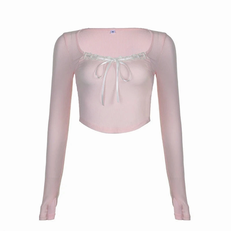 CIBBAR Cute Bandage Bow Cropped Top Pink Square Collar Tees