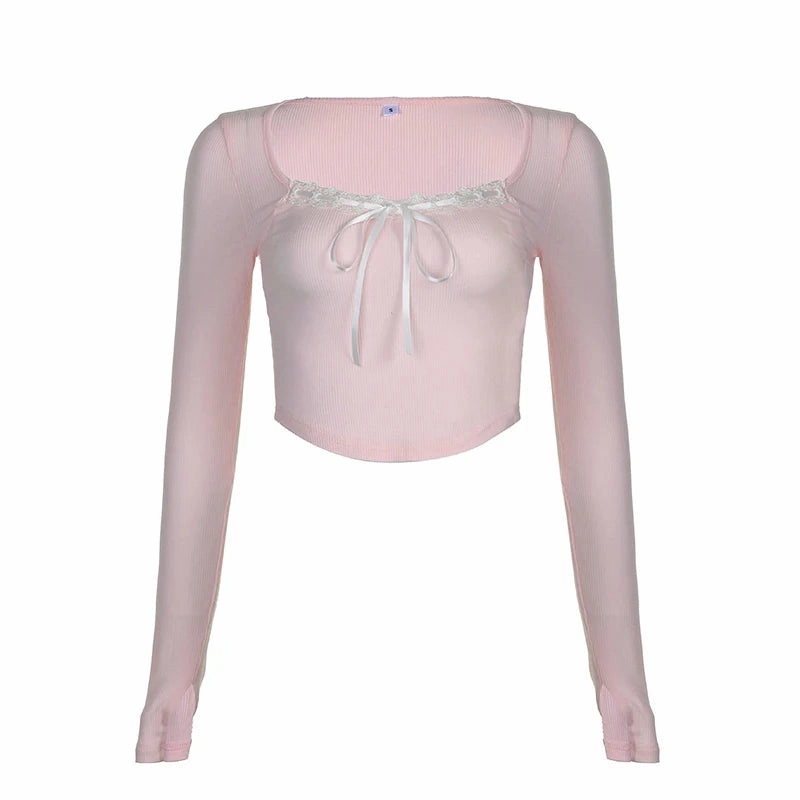 CIBBAR Cute Bandage Bow Cropped Top Pink Square Collar Tees