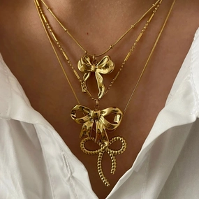 Classic Elegant Gold Plated Thin Chain Bow Knot Pendant Necklace for Women Waterproof Summer Jewelry