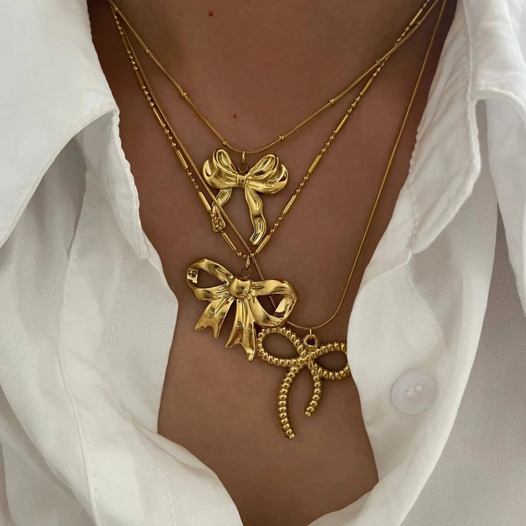 Classic Elegant Gold Plated Thin Chain Bow Knot Pendant Necklace for Women Waterproof Summer Jewelry