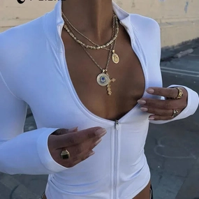 CNYISHE Solid Sexy Club Women Bodysuits Casual Zipper Tees