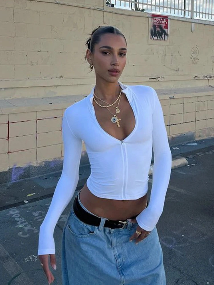CNYISHE Solid Sexy Club Women Bodysuits Casual Zipper Tees
