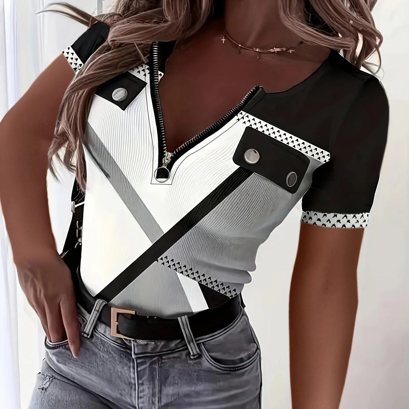 Color Block Quarter Zip T-Shirt for Spring & Summer Style
