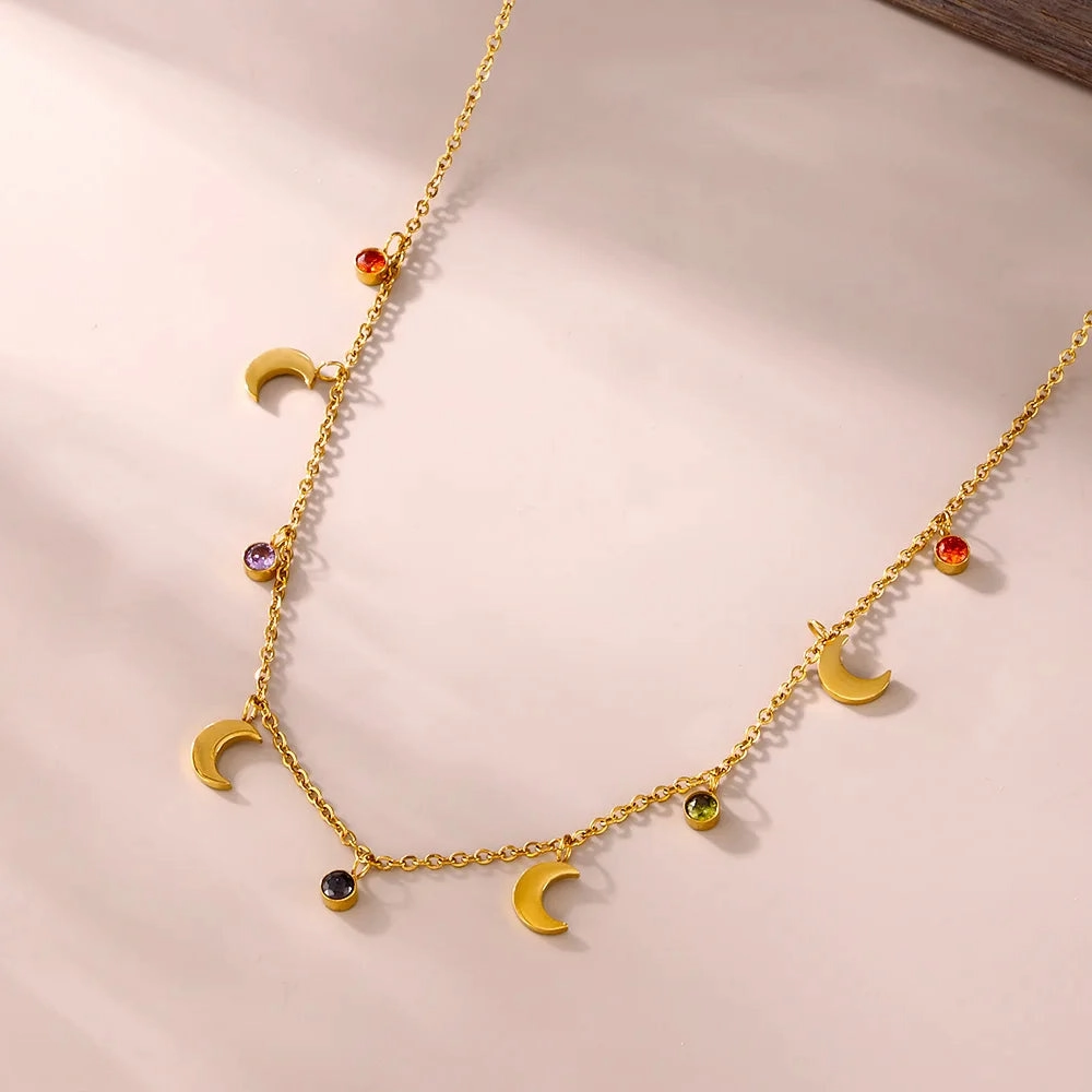 Colorful Zirconia Moon Pendant Necklace Women's Luxury Gift