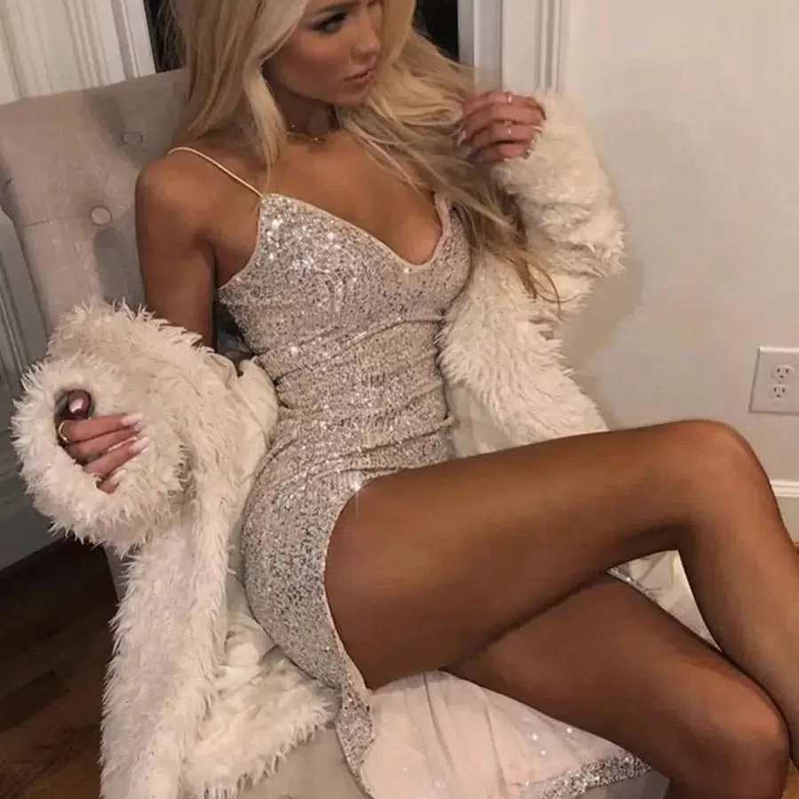 Combhasaki Women's Sexy Evening Party Sequined Glitter Silver Deep V-neck High Split Bodycon Dress
