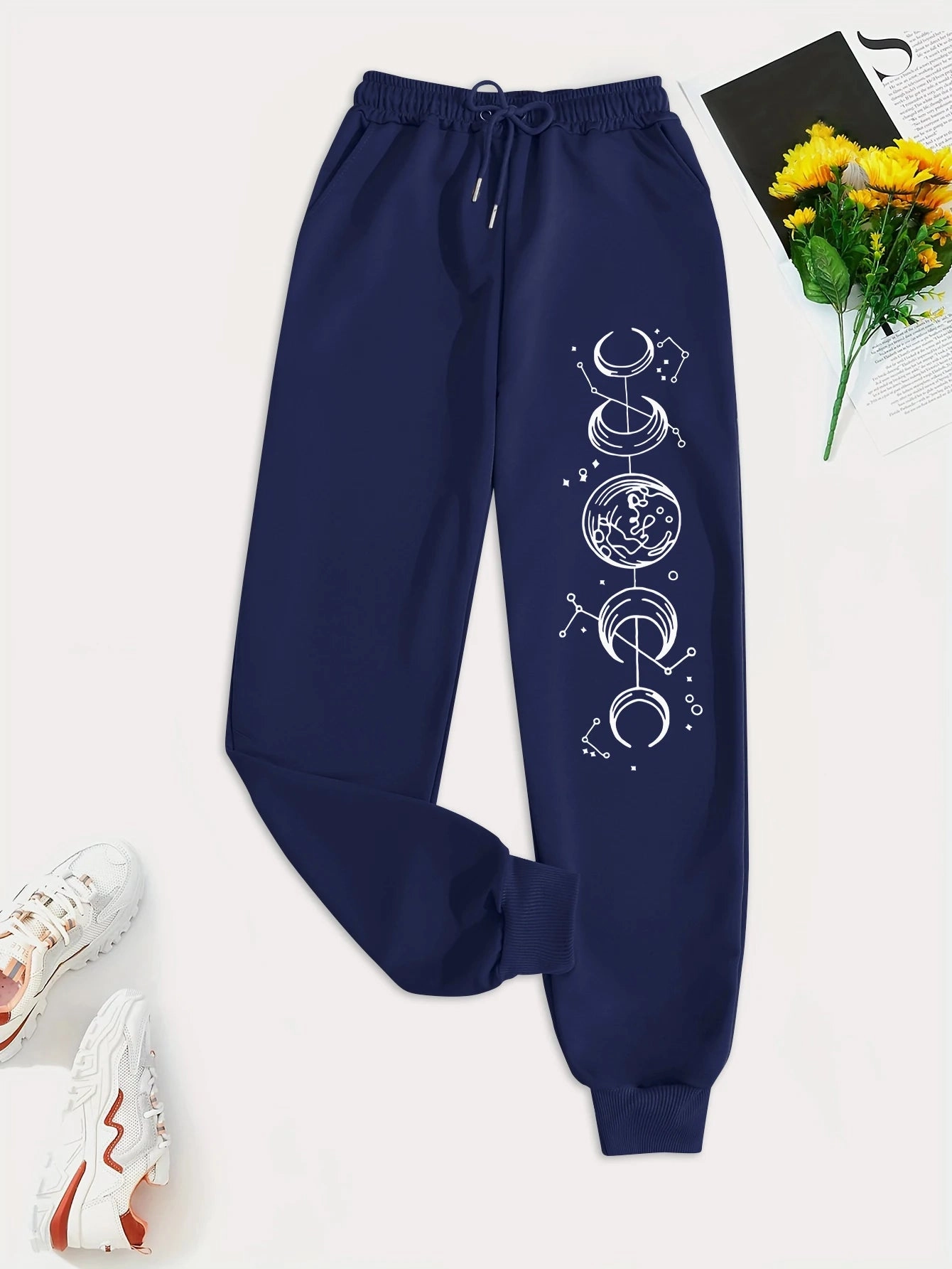 Connected Crescents Print Casual Women Pants Hip Hop Trousers with Drawstring Pockets for Everyday Style and Comfort