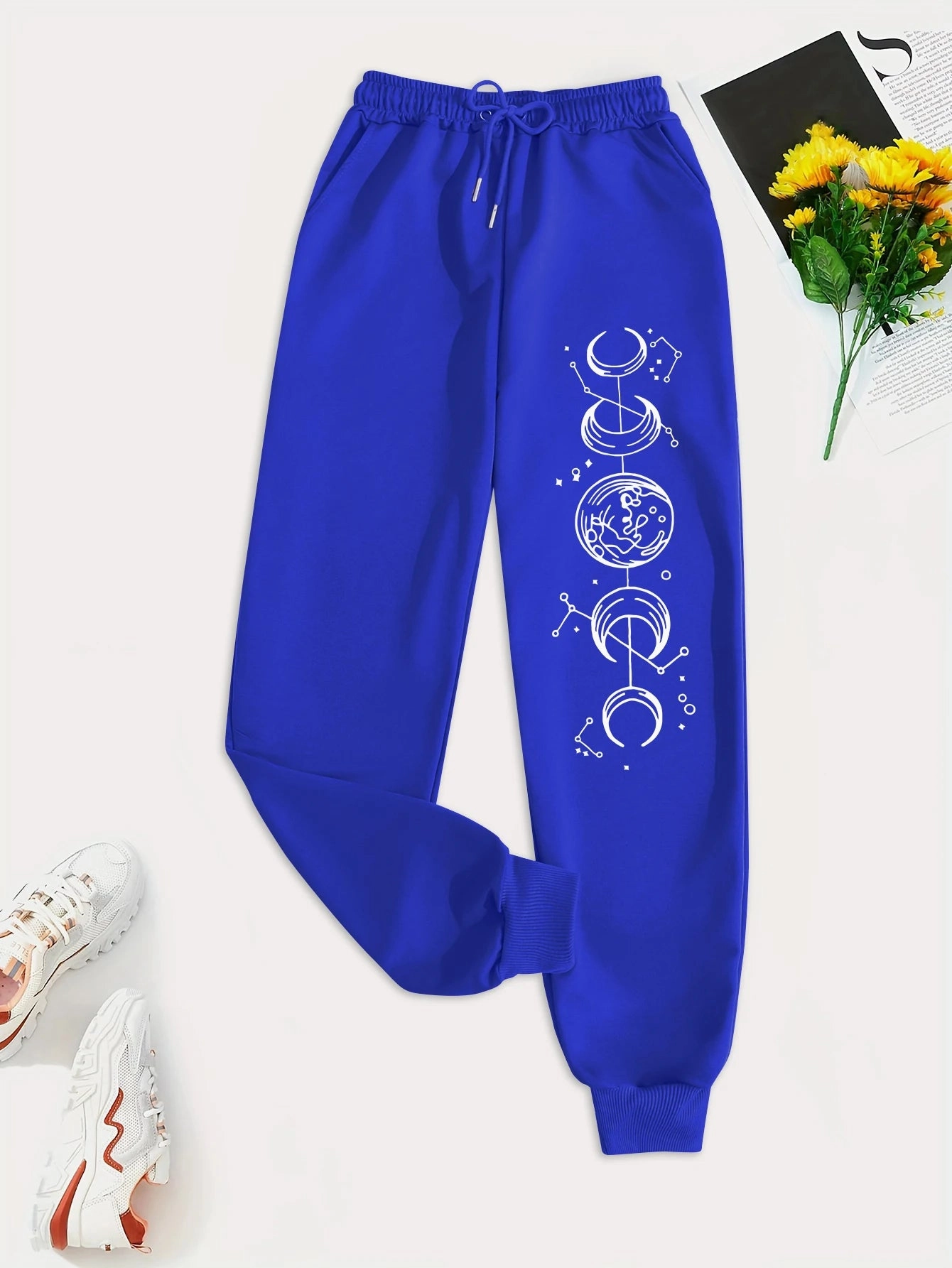 Connected Crescents Print Casual Women Pants Hip Hop Trousers with Drawstring Pockets for Everyday Style and Comfort