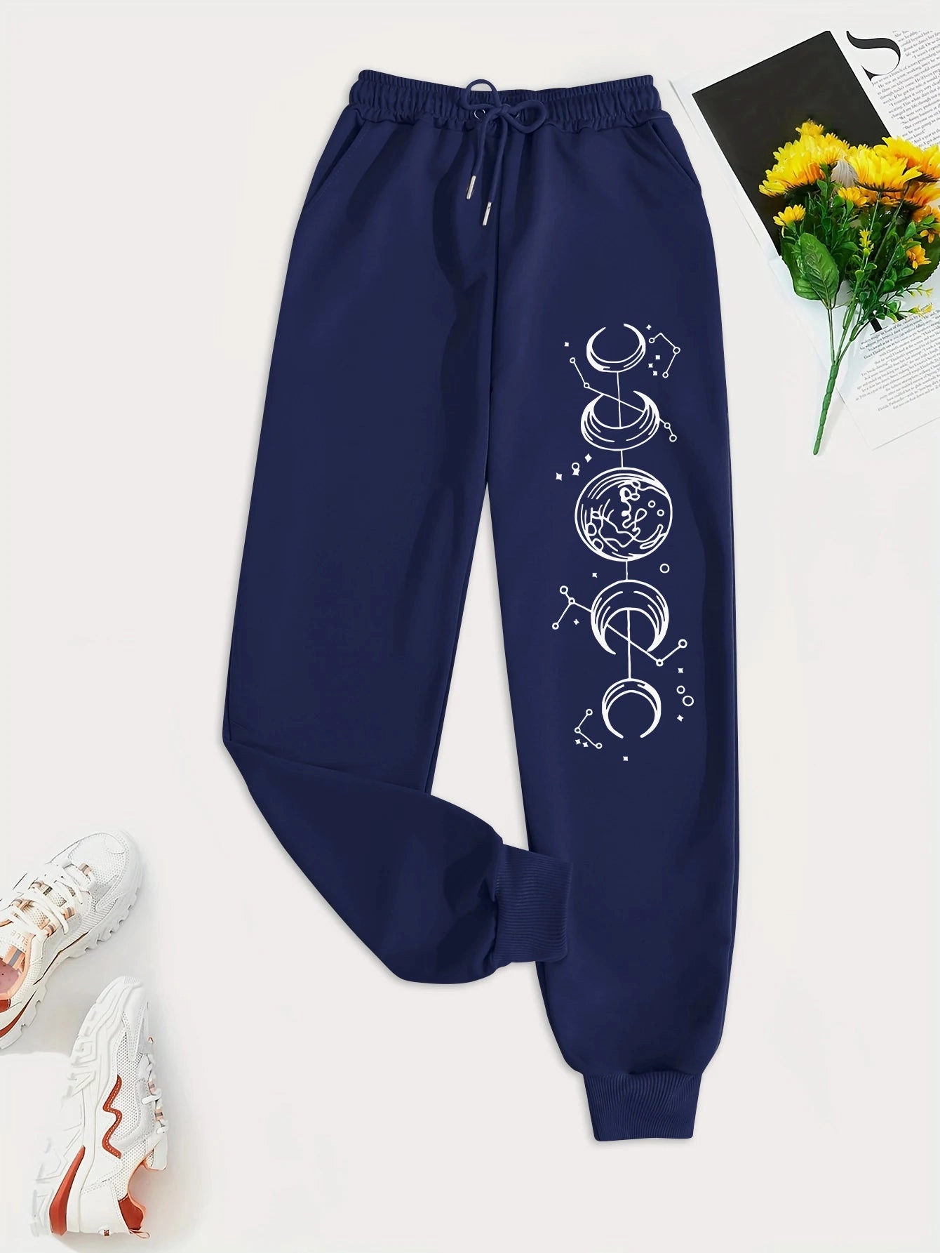 Connected Crescents Print Casual Women Pants Hip Hop Trousers with Drawstring Pockets for Everyday Style and Comfort