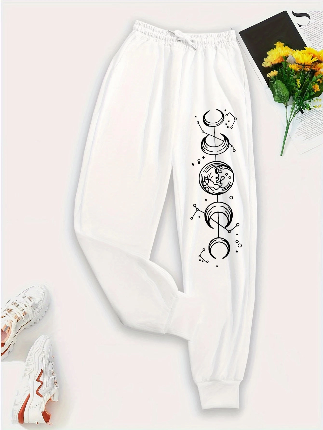 Connected Crescents Print Casual Women Pants Hip Hop Trousers with Drawstring Pockets for Everyday Style and Comfort