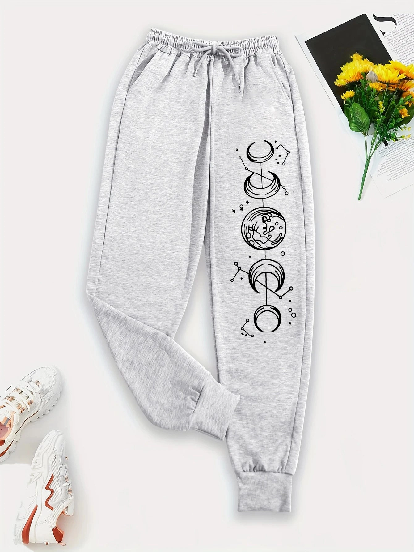 Connected Crescents Print Casual Women Pants Hip Hop Trousers with Drawstring Pockets for Everyday Style and Comfort