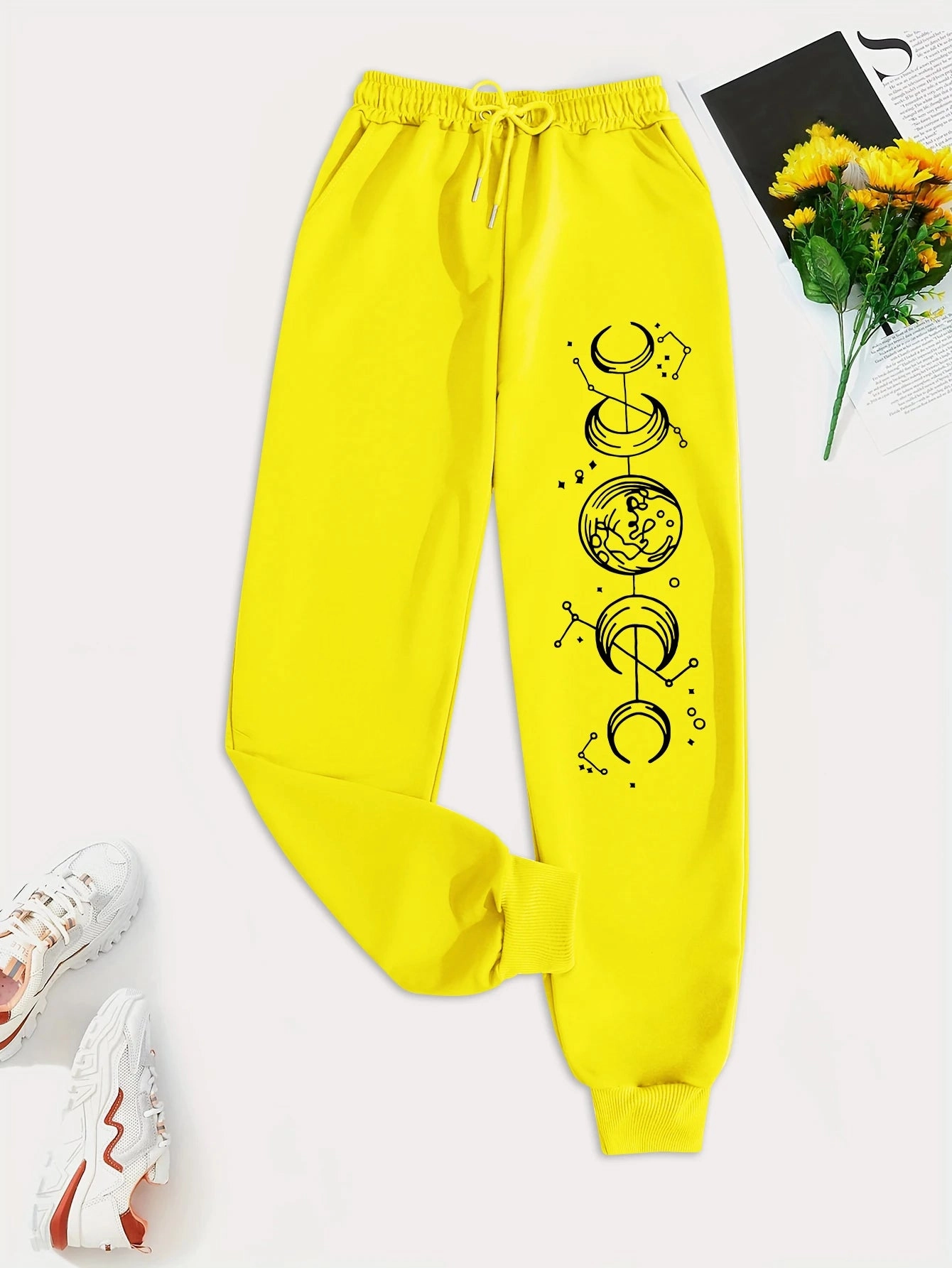 Connected Crescents Print Casual Women Pants Hip Hop Trousers with Drawstring Pockets for Everyday Style and Comfort