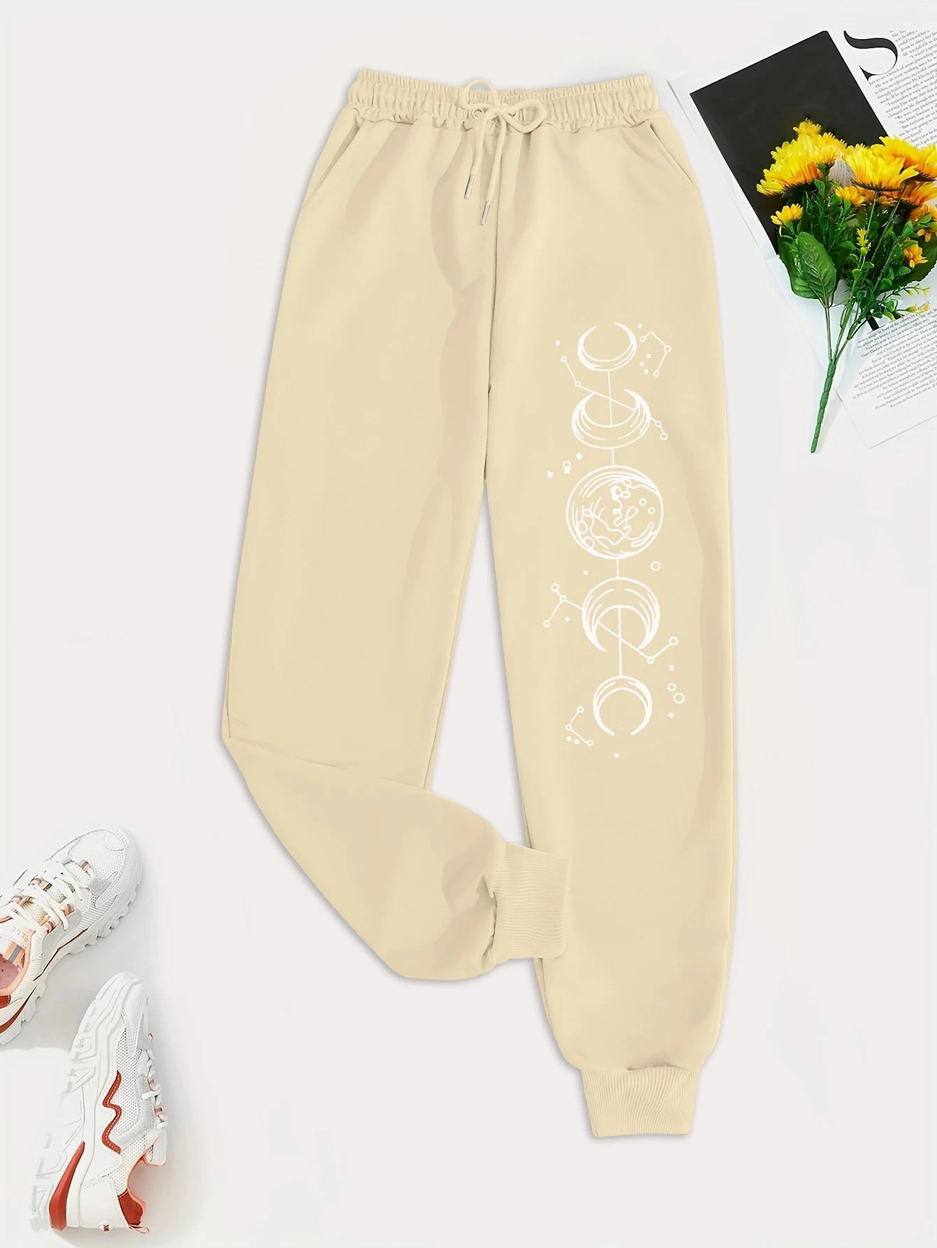 Connected Crescents Print Casual Women Pants Hip Hop Trousers with Drawstring Pockets for Everyday Style and Comfort