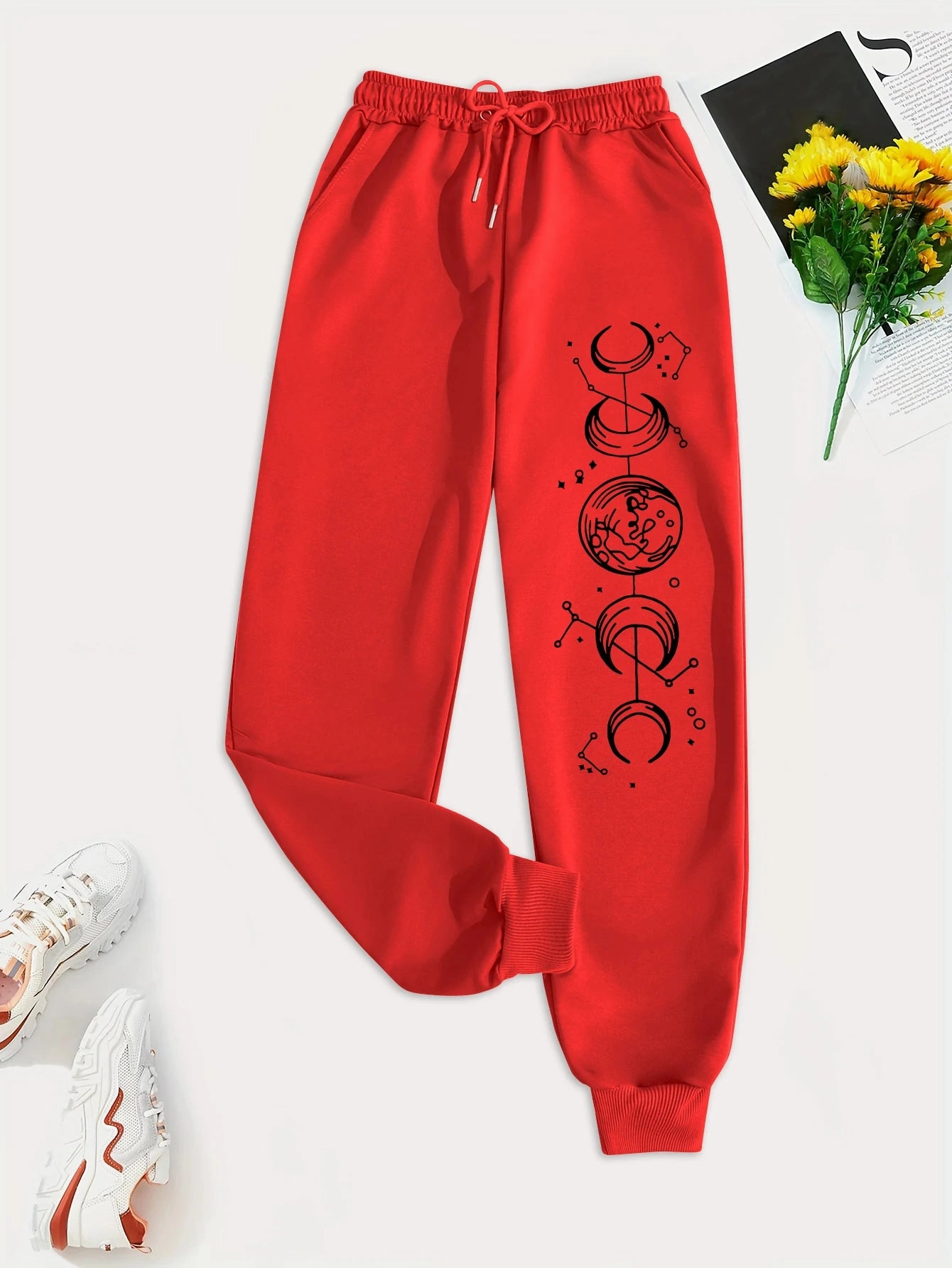 Connected Crescents Print Casual Women Pants Hip Hop Trousers with Drawstring Pockets for Everyday Style and Comfort
