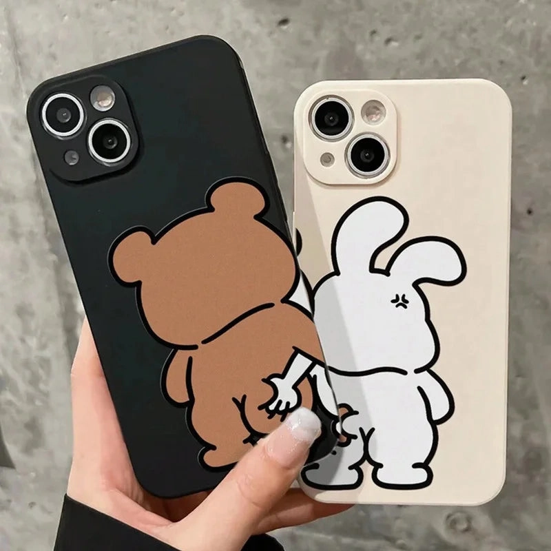 Couple Cartoon Rabbit & Bear Pattern Cases For iPhone 15 12 13 14 11 Pro Max 14 15 7 8 Plus X XR XS Max SE 2020 Soft Cover