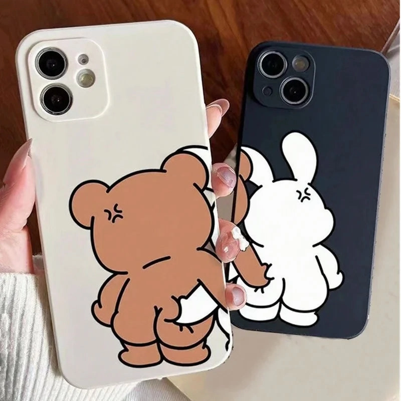 Couple Cartoon Rabbit & Bear Pattern Cases For iPhone 15 12 13 14 11 Pro Max 14 15 7 8 Plus X XR XS Max SE 2020 Soft Cover