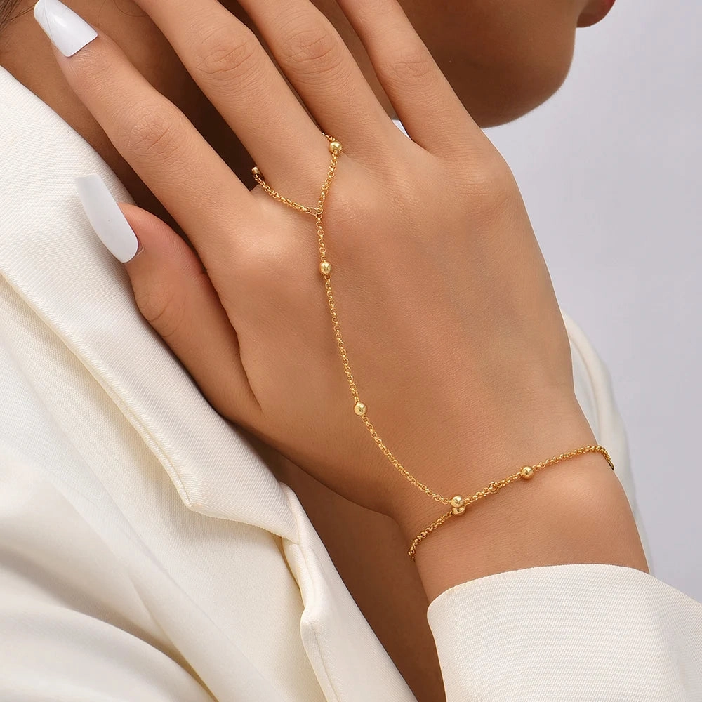 Creative Tiny Chain Bracelet Finger Rings Gold Color Jewelry