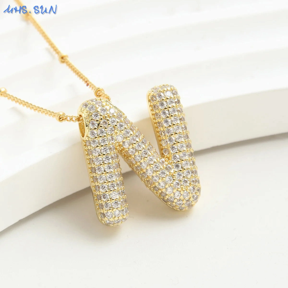 Cubic Zircon A-Z Bubble Letter Necklace Gold Plated Initials