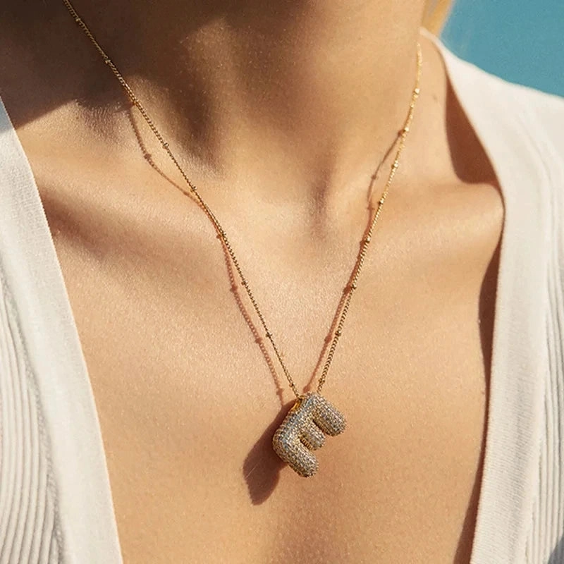 Cubic Zircon A-Z Bubble Letter Necklace Gold Plated Initials