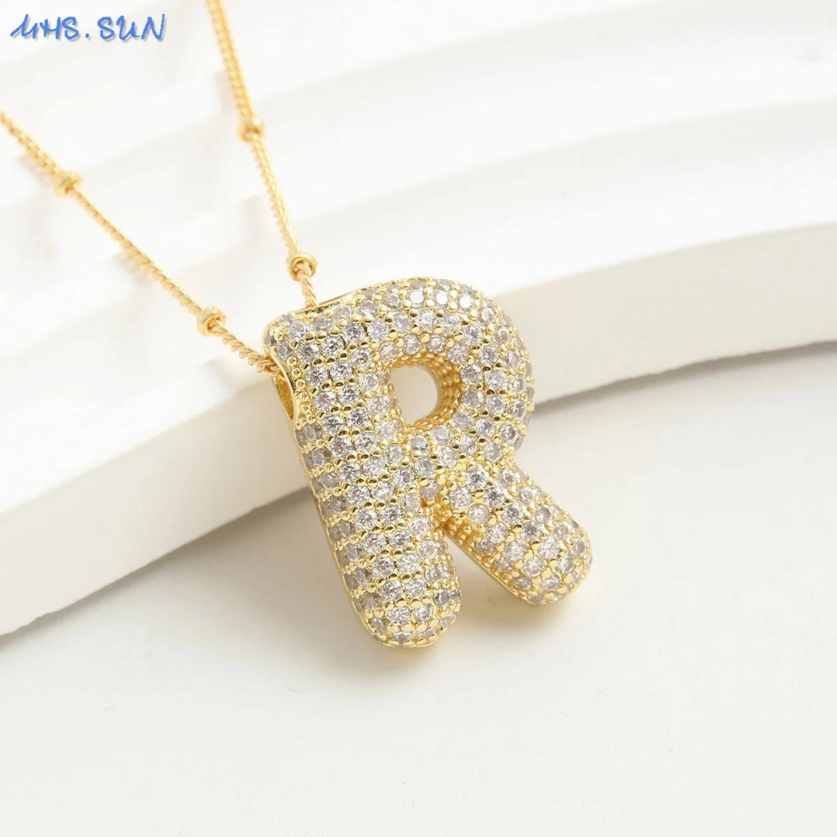 Cubic Zircon A-Z Bubble Letter Necklace Gold Plated Initials