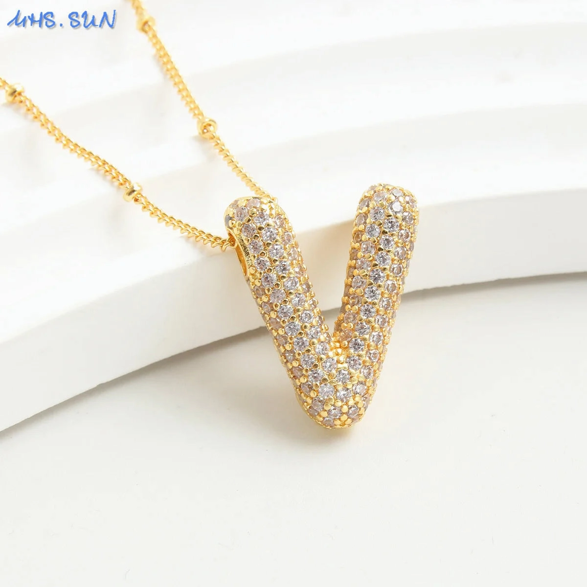Cubic Zircon A-Z Bubble Letter Necklace Gold Plated Initials
