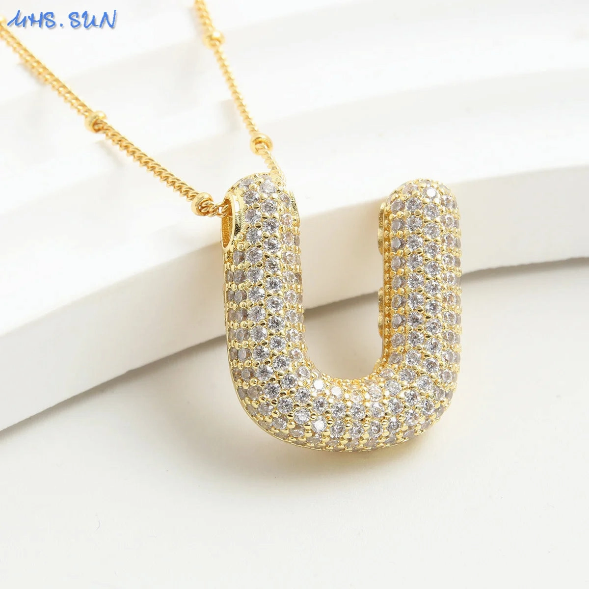 Cubic Zircon A-Z Bubble Letter Necklace Gold Plated Initials