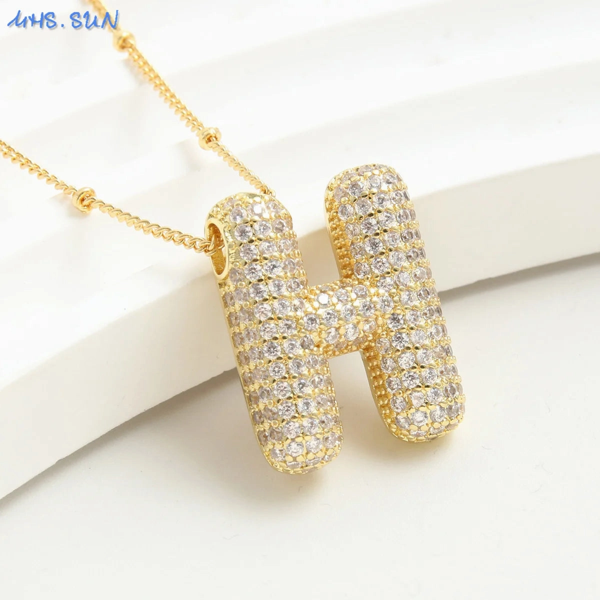 Cubic Zircon A-Z Bubble Letter Necklace Gold Plated Initials