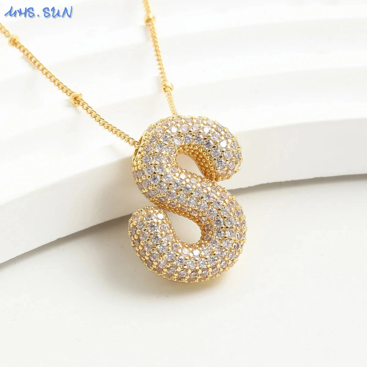 Cubic Zircon A-Z Bubble Letter Necklace Gold Plated Initials