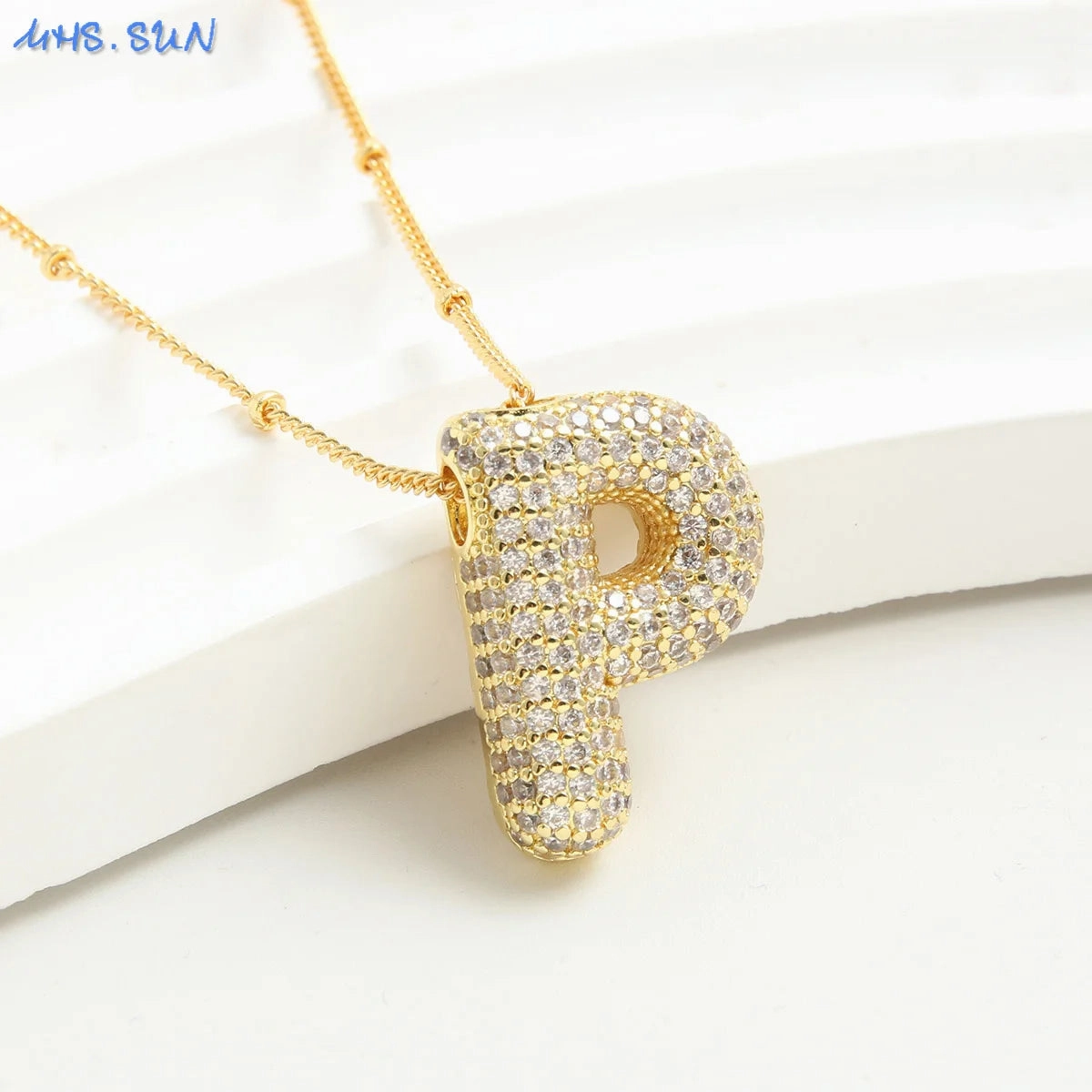 Cubic Zircon A-Z Bubble Letter Necklace Gold Plated Initials