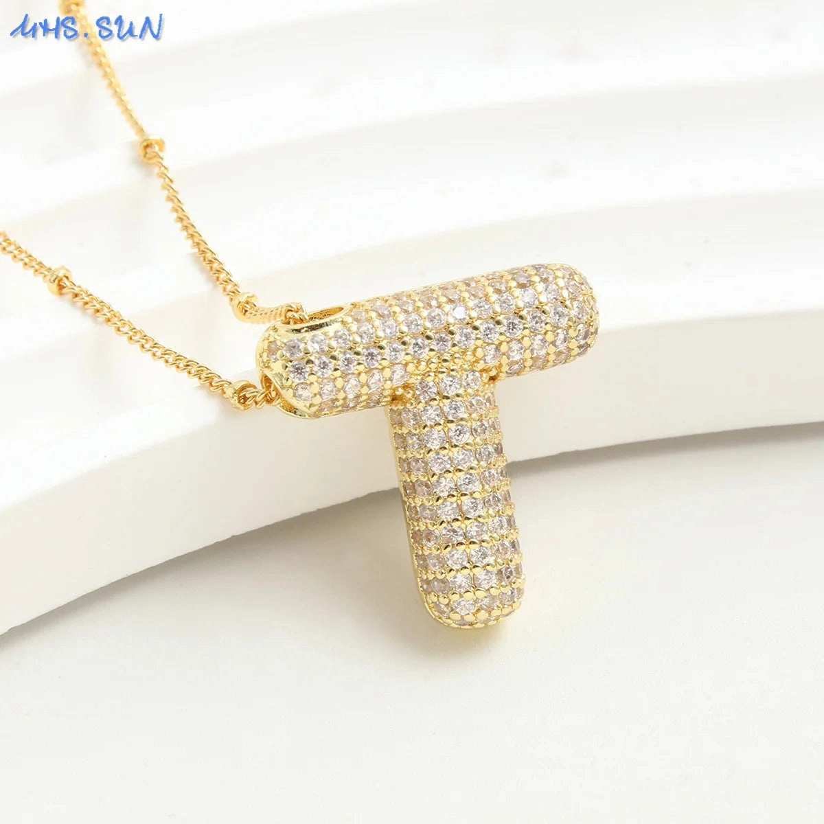 Cubic Zircon A-Z Bubble Letter Necklace Gold Plated Initials