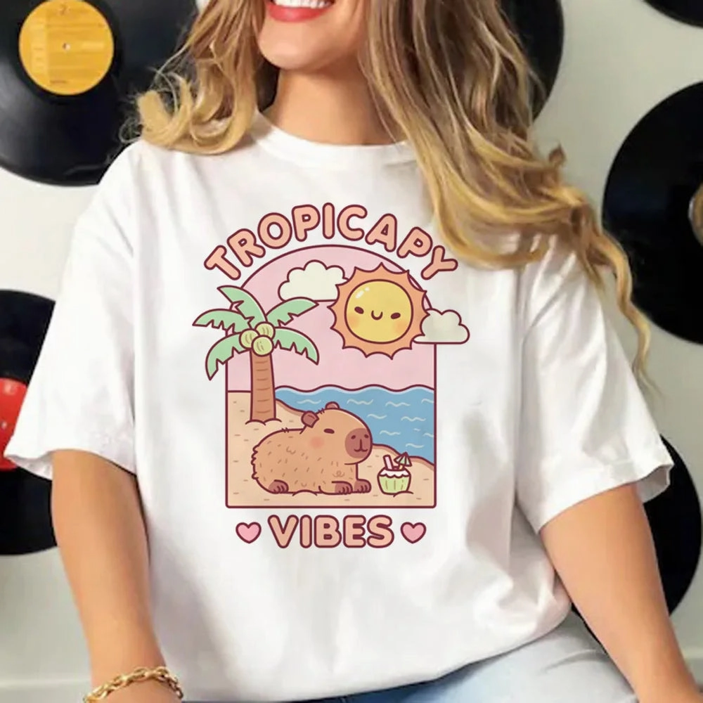 Cute Capybara Manga Graphic Tee for Women - Casual Harajuku Style Top with Fun Cartoon Design, Perfect for All Seasons